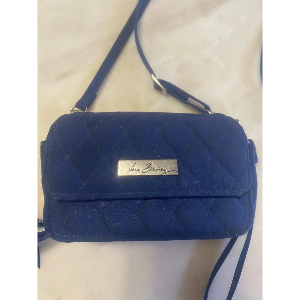 Vera Bradley Crossbody Zip Wallet Blue Quilted Cross Stitch Clutch - Picture 2 of 6